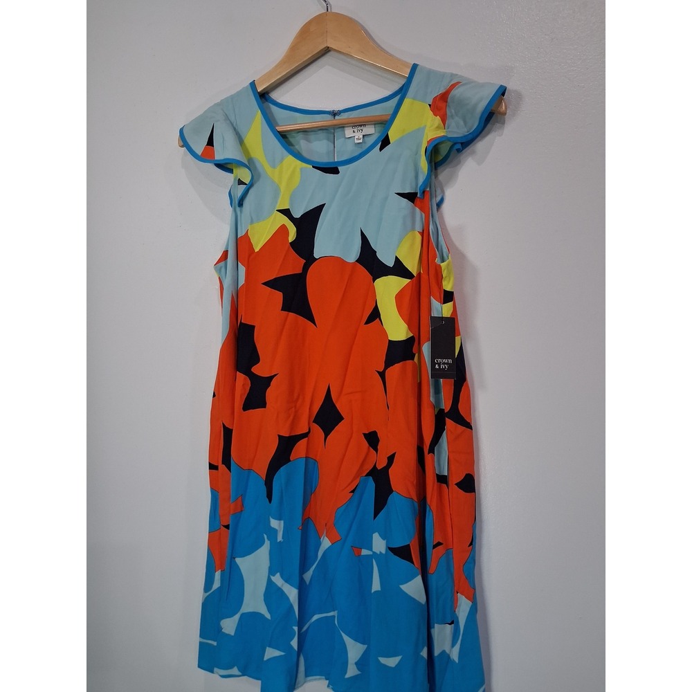 Crown & Ivy Women In the Groove Abstract Floral Flutter Sleeve Shift Dress S NWT - Picture 2 of 8